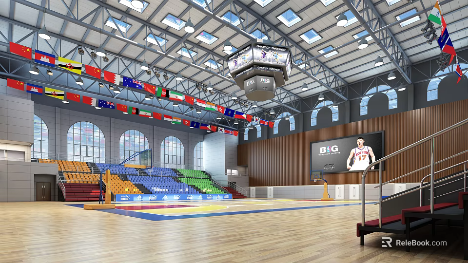 Spacious Basketball Gymnasium Interior With Skylights Colorful Seats Large Screen And Wooden Floor 3d model 