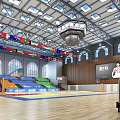 Spacious Basketball Gymnasium Interior With Skylights Colorful Seats Large Screen And Wooden Floor