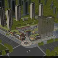 Modern Commercial Street With High Rise Buildings Central Plaza Fountains Green Rooftops Pedestrians And Vehicles