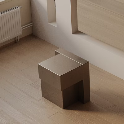 Modern Geometric Side Table With Metallic Finish On Wooden Floor And Light Wall 3d model