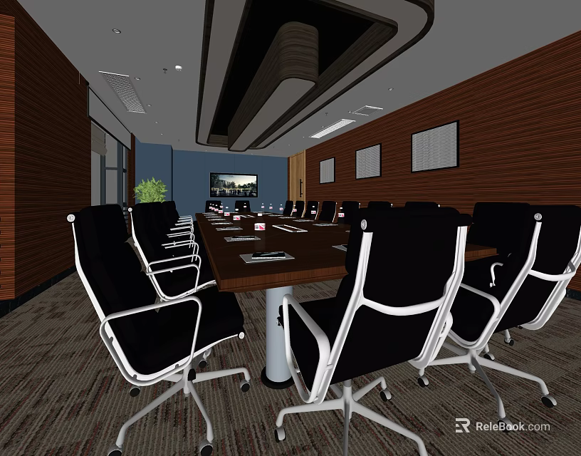 Modern Conference Room With Long Table Black Office Chairs Wooden Walls And Large Screen 3d model 