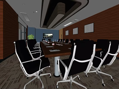 Modern Conference Room With Long Table Black Office Chairs Wooden Walls And Large Screen 3d model