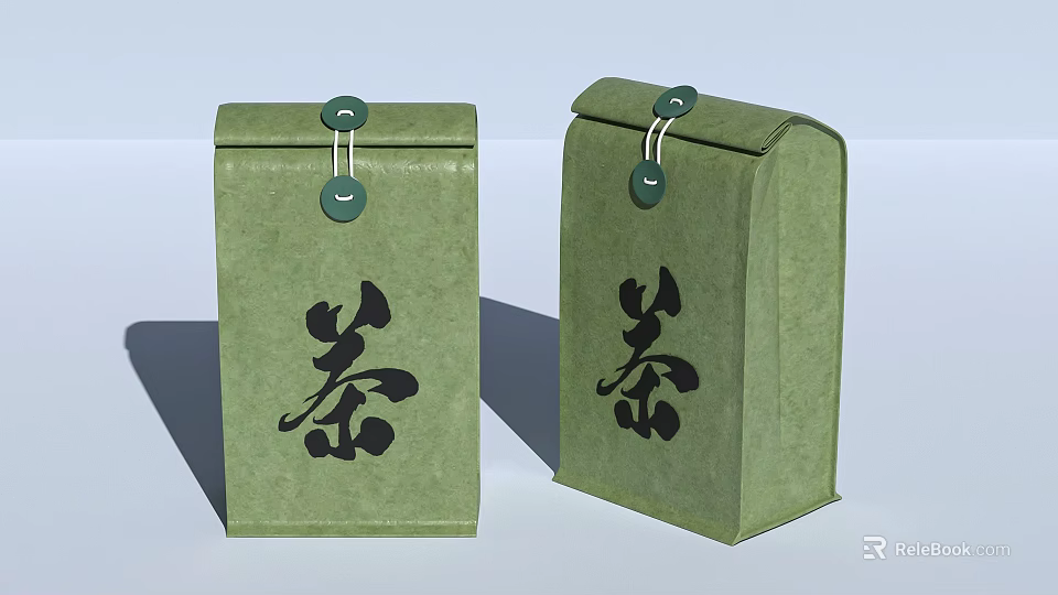 Traditional Green Tea Packaging Bags With Chinese Character Buttons And Strings 3d model 