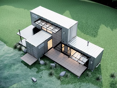 Scenic Modern Container Detached Villa With Wooden Deck And Grass Surroundings 3d model