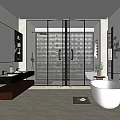Modern Bathroom Interior Design With Glass Shower White Bathtub And Wooden Vanity