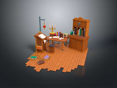 Vintage Wooden Dining Table With Candlestick Books Papers And Bookshelf On Wooden Floor 3d model