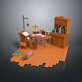 Vintage Wooden Dining Table With Candlestick Books Papers And Bookshelf On Wooden Floor