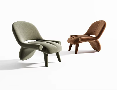 Two Stylish Green and Brown Accent Chairs with Modern Curved Upholstered Seats and Armrests 3d model
