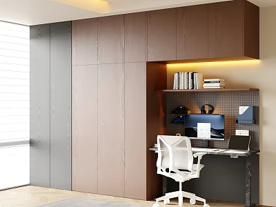 Modern Study Room Interior With Wooden Cabinets Built-in Bookshelf Desk White Office Chair And Lighting 3d model