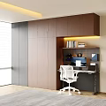 Modern Study Room Interior With Wooden Cabinets Built-in Bookshelf Desk White Office Chair And Lighting