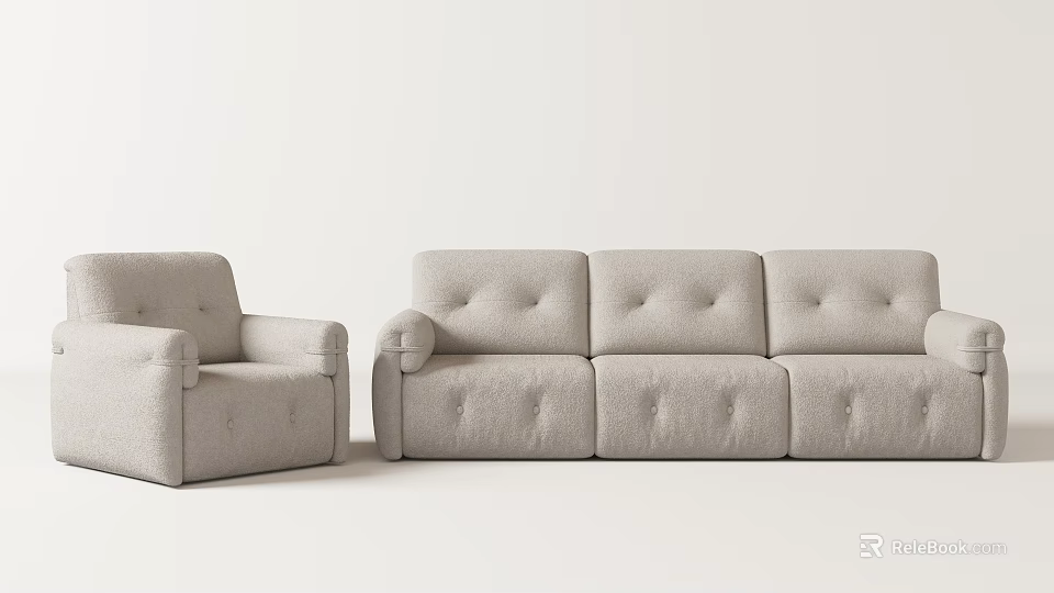 Modern Three Seater Sofa With Light Gray Fabric Tufted Design And Armrests 3d model