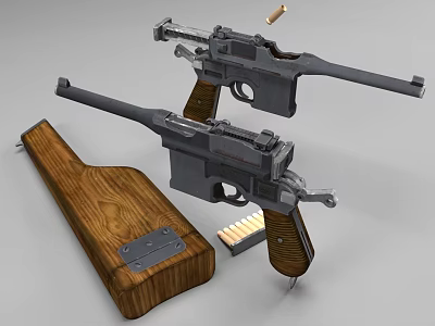 Vintage Pistol Firearms With Wooden Storage Case And Ammunition 3d model