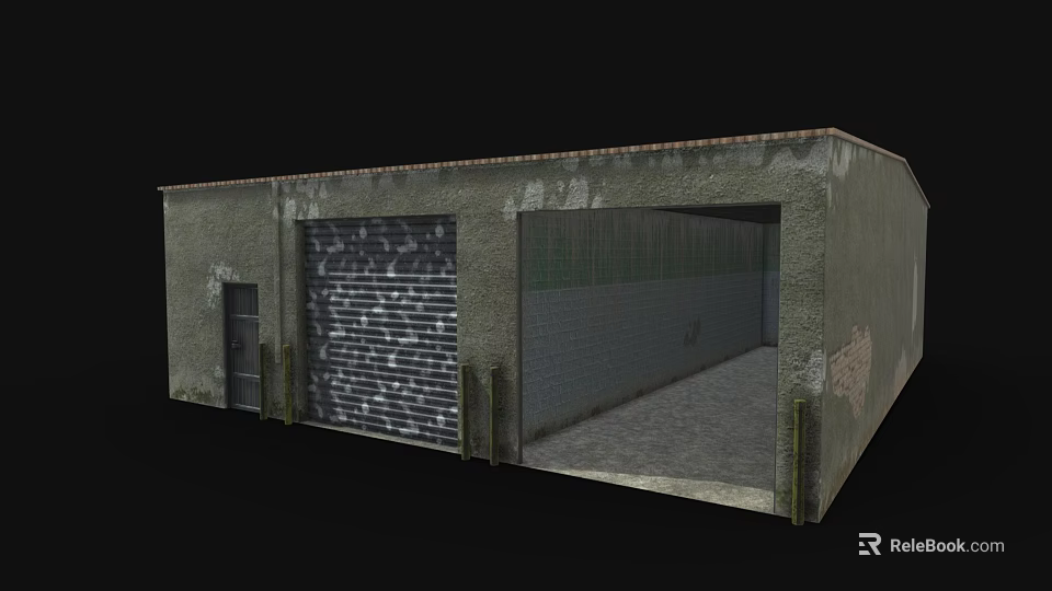 Industrial Concrete Building With Roll Up Door Open Entrance And Weathered Exterior 3d model 