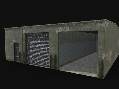 Industrial Concrete Building With Roll Up Door Open Entrance And Weathered Exterior 3d model