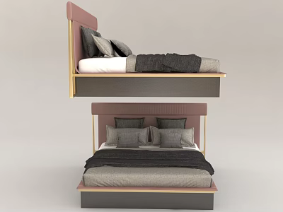 Modern Double Bed With Pink Headboard Gold Frame And Gray Bedding 3d model