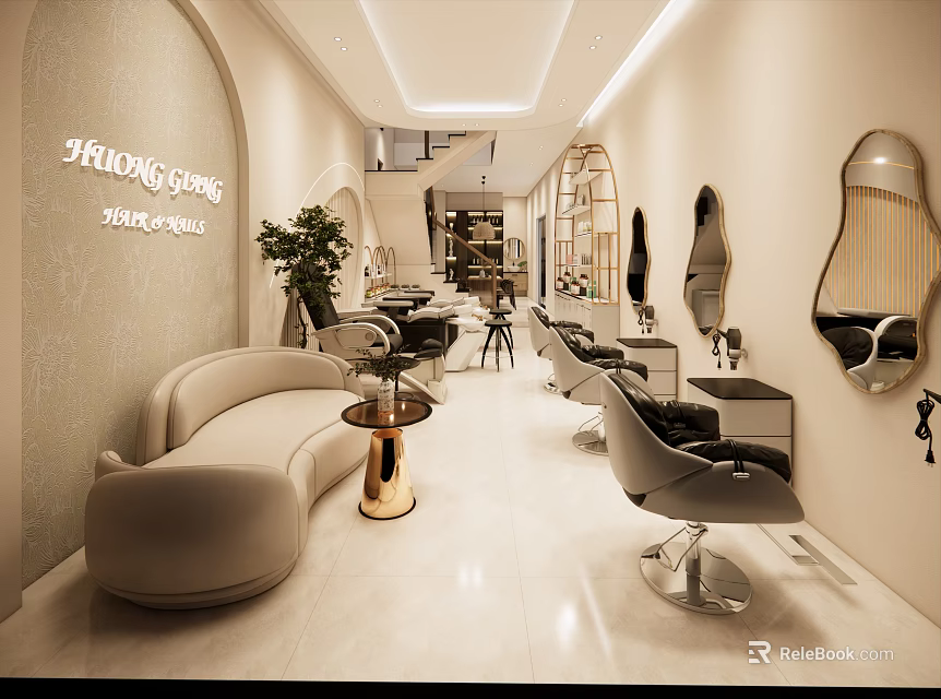 Elegant Modern Beauty Salon Interior Design With Stylish Chairs Mirrors And Green Plants 3d model 