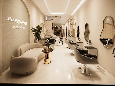 Elegant Modern Beauty Salon Interior Design With Stylish Chairs Mirrors And Green Plants 3d model