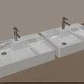 White Rectangular Sinks with Silver and Copper Faucets on Wooden Countertop and Drain Boards