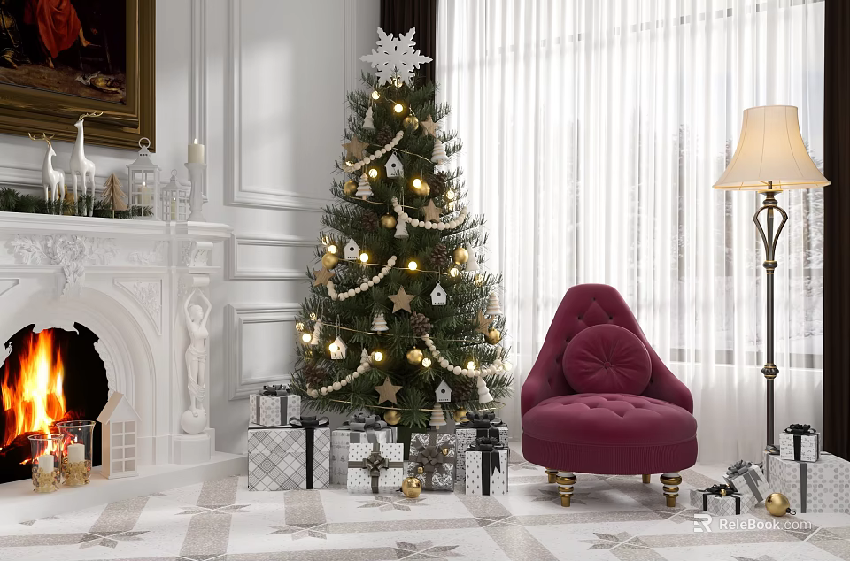 Cozy Christmas Living Room With Decorated Tree Fireplace Red Armchair And Gifts 3d model 