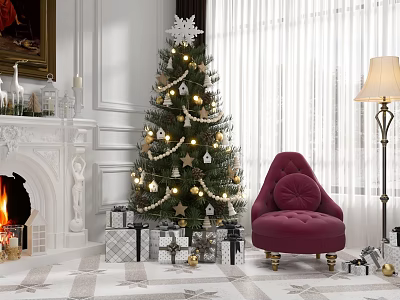 Cozy Christmas Living Room With Decorated Tree Fireplace Red Armchair And Gifts 3d model