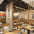 Modern Restaurant Interior With Wooden Tables Chairs Pendant Lights And Decorative Art