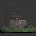 Scenic Circular Grassy Area With Red Street Lamp Metal Framework Tires and Gravel Path