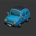 Cute blue cartoon car with dark roof yellow headlights and reflection