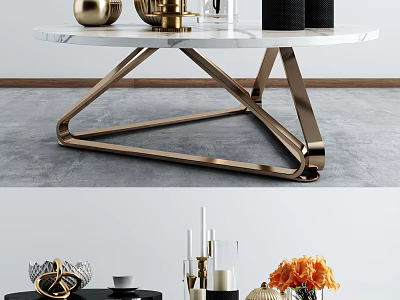 Modern Marble Top Coffee Table With Golden Geometric Base And Decorative Items 3d model