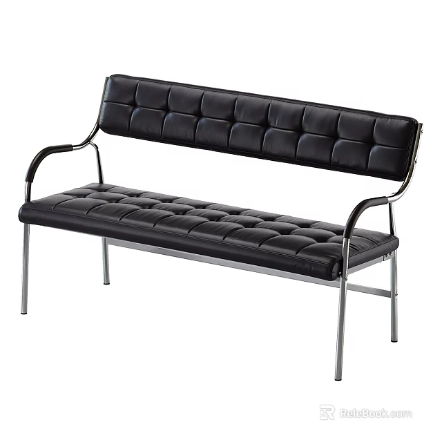 Modern Black Tufted Faux Leather Double Seater Sofa With Sturdy Polished Stainless Steel Frame 3d model 