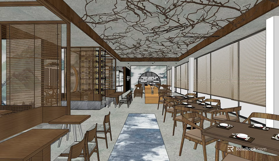 Modern Restaurant Open Space With Wooden Tables Chairs And Branch Texture Ceiling 3d model 