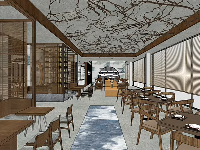 Modern Restaurant Open Space With Wooden Tables Chairs And Branch Texture Ceiling 3d model