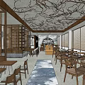 Modern Restaurant Open Space With Wooden Tables Chairs And Branch Texture Ceiling