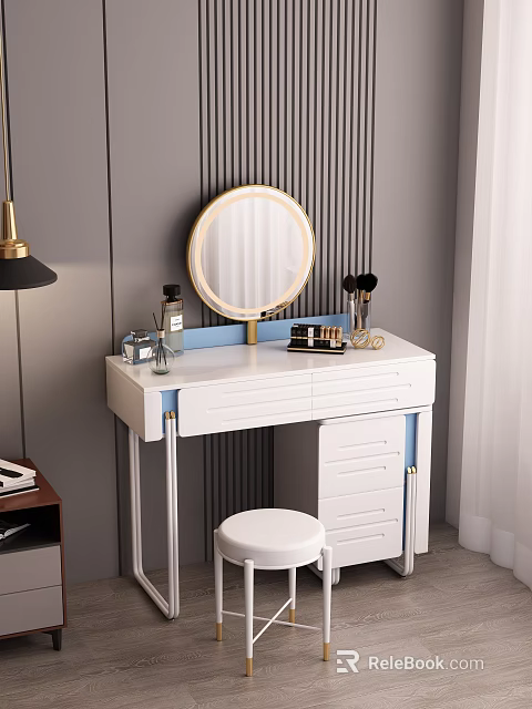 Stylish White Dressing Table With Blue Trim Round Mirror And Storage Drawers 3d model
