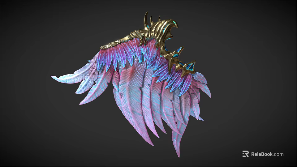 Colorful Feather Wall Decoration with Pink Purple Blue Plumes and Gold Accents 3d model 