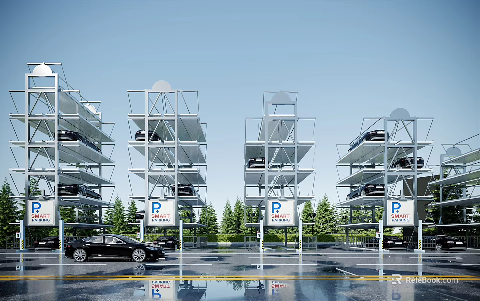 Modern Multi Level Parking Structure With Parked Cars And P Signs 3d model 