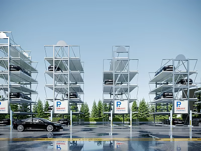 Modern Multi Level Parking Structure With Parked Cars And P Signs 3d model