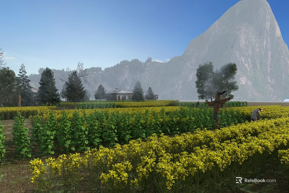 Sturdy Swing Door For Country House In Yellow Flower Field With Mountain Background 3d model 