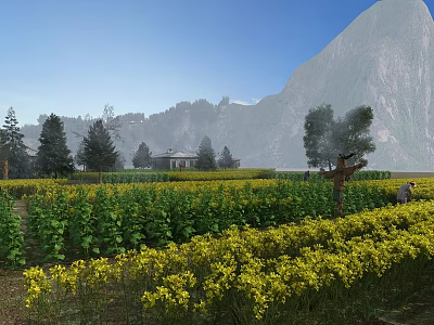 Sturdy Swing Door For Country House In Yellow Flower Field With Mountain Background 3d model