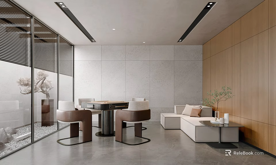 Elegant Hotel Mahjong Room Interior Design With Round Tables And Comfortable Seats 3d model 