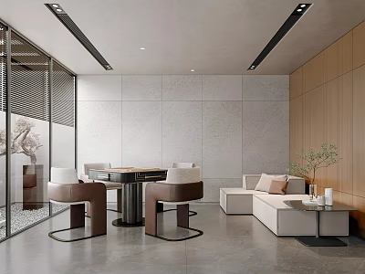 Elegant Hotel Mahjong Room Interior Design With Round Tables And Comfortable Seats 3d model