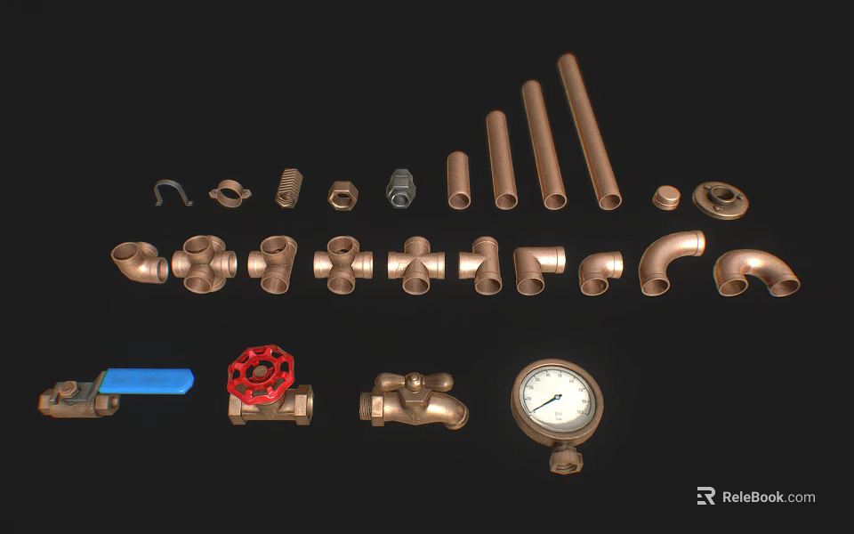 Complete Set of Copper Plumbing Pipes Fittings Valves and Pressure Gauge 3d model 