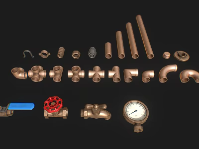 Complete Set of Copper Plumbing Pipes Fittings Valves and Pressure Gauge 3d model