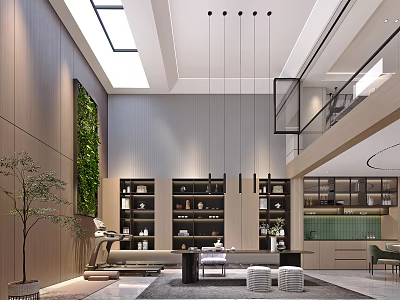 Modern Basement Interior With Green Wall Bookshelves And Sofas 3d model