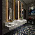Public Restroom Interior With White Urinals Gray Stone Walls And Decorative Paintings