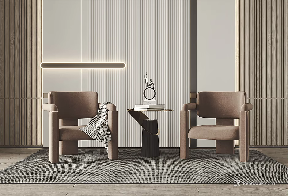 Modern Brown Casual Sofa Set With Side Table Decorations Beige Striped Wall And Carpet 3d model