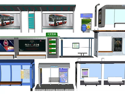 Various Bus Station Shelter Designs With Information Displays Seats And Billboards 3d model