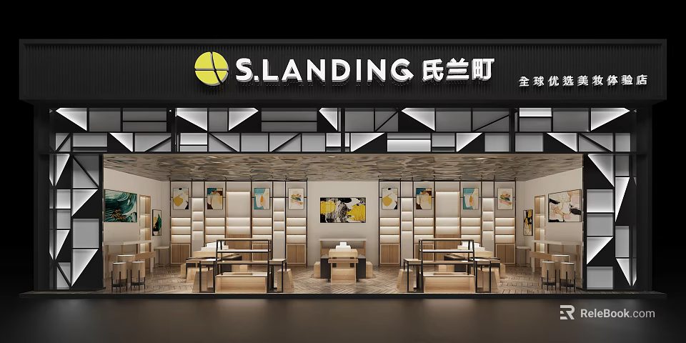 Modern Storefront Design With Black Background Yellow Logo Geometric Patterns And Elegant Lighting 3d model 