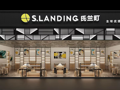 Modern Storefront Design With Black Background Yellow Logo Geometric Patterns And Elegant Lighting 3d model