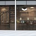 Modern Café Interior Design With Open Wooden Bar Wine Racks Pendant Lights And Staircase