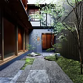 Japanese style Garden Courtyard Design With Wooden Structures Stone Paths And Mossy Trees